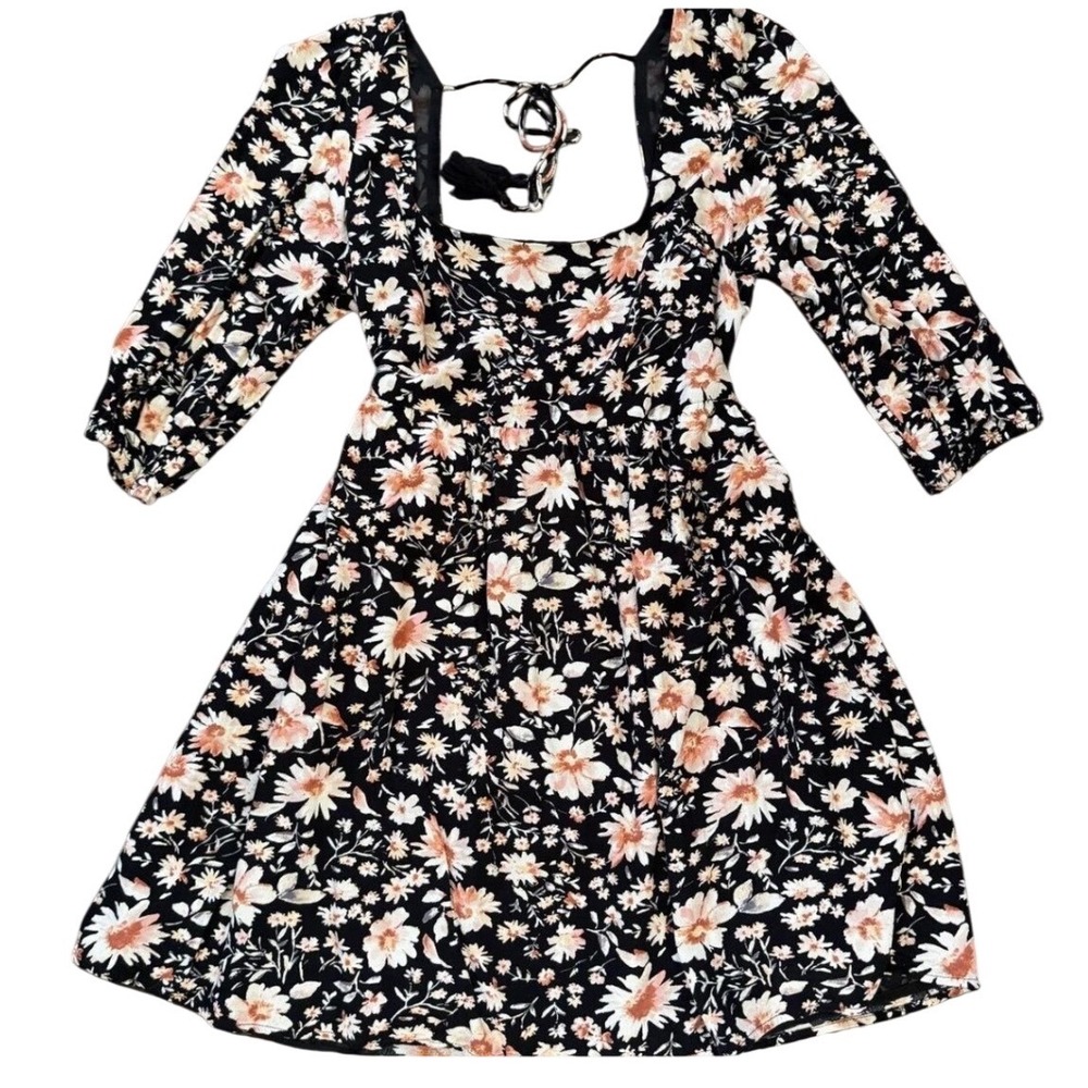 American Eagle Floral Open Back Mini Dress Black Pink XS 3/4 Sleeve Tassel Tie
